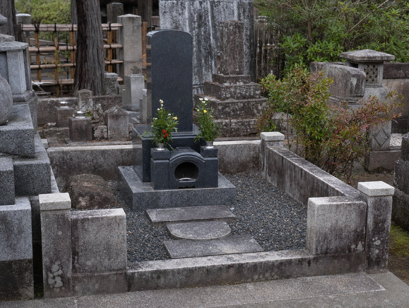 墓じまい施工前の寺院墓地のお墓（イメージ）