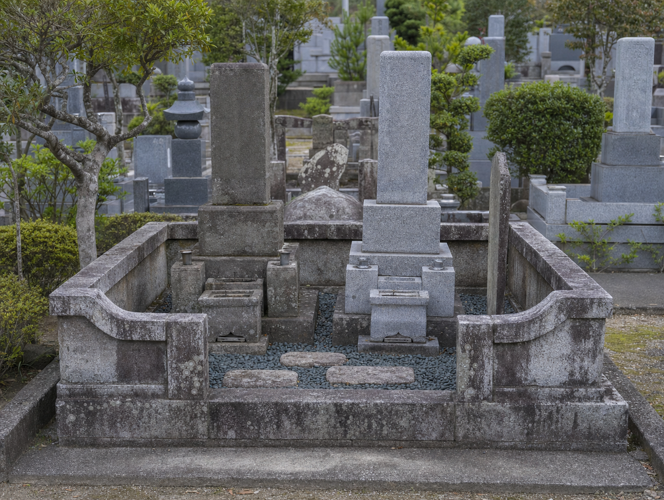 墓じまい施工前、石塔2基のある寺院墓地のお墓（イメージ）