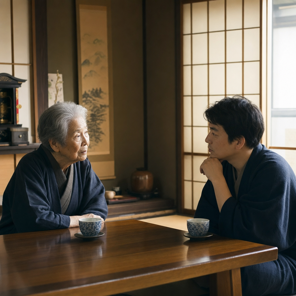 墓じまいの悩みを家族で相談する様子。