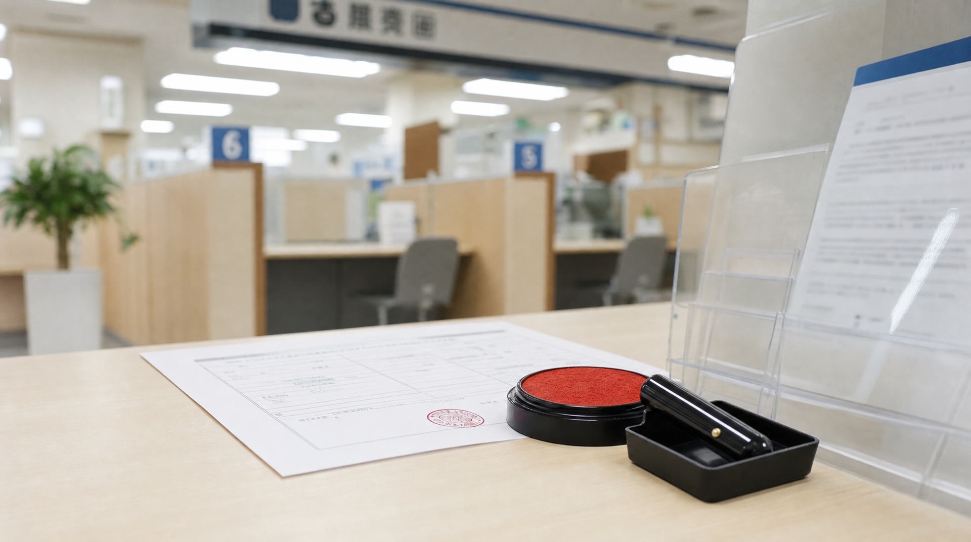 役所の窓口と申請書、朱肉と印鑑。墓じまいの補助金申請。