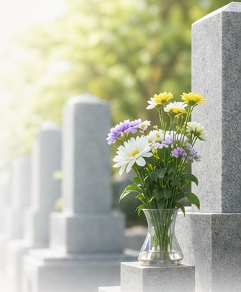 花が供えられた霊園の墓石。墓じまいは供養を続けられるかたちへ移す手続きです。