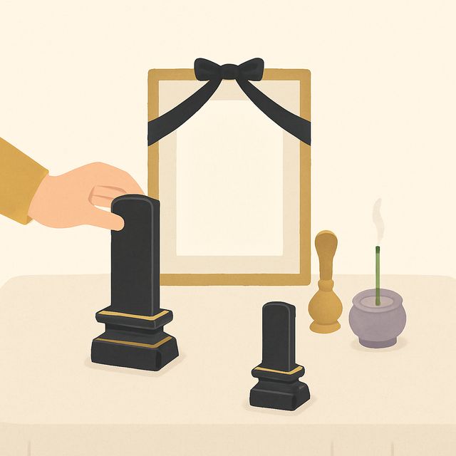 位牌や仏具を白い布の上に並べて整えるイラスト