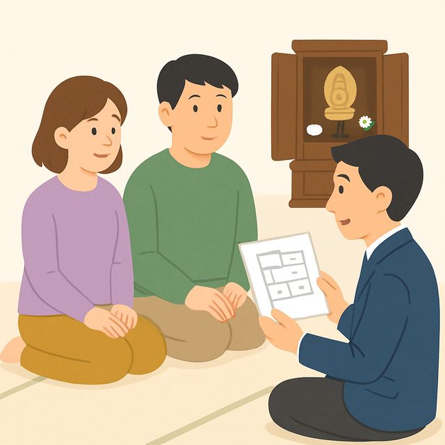 実家で墓じまいと仏壇じまいの進め方を相談するイラスト