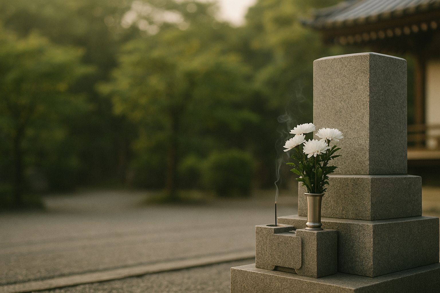 お寺の永代供養墓と白い菊（写真はイメージです）
