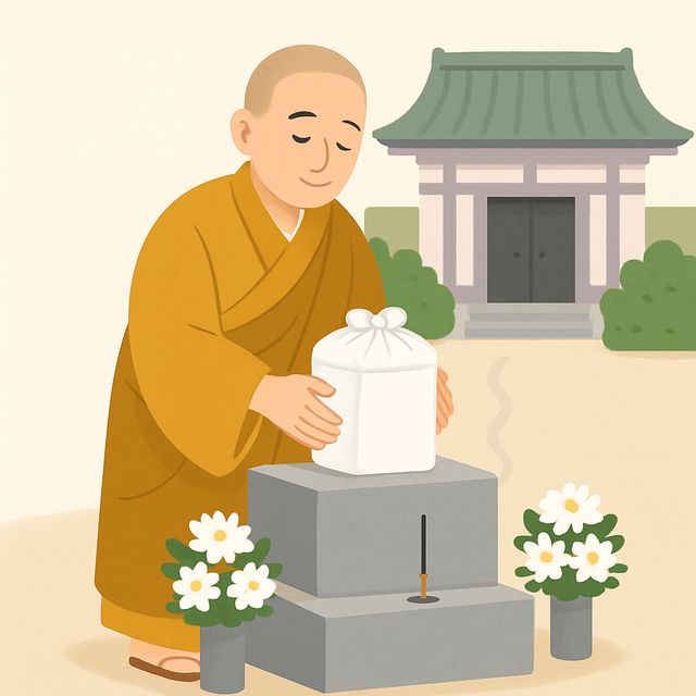 僧侶がご遺骨を永代供養墓に納めるイラスト