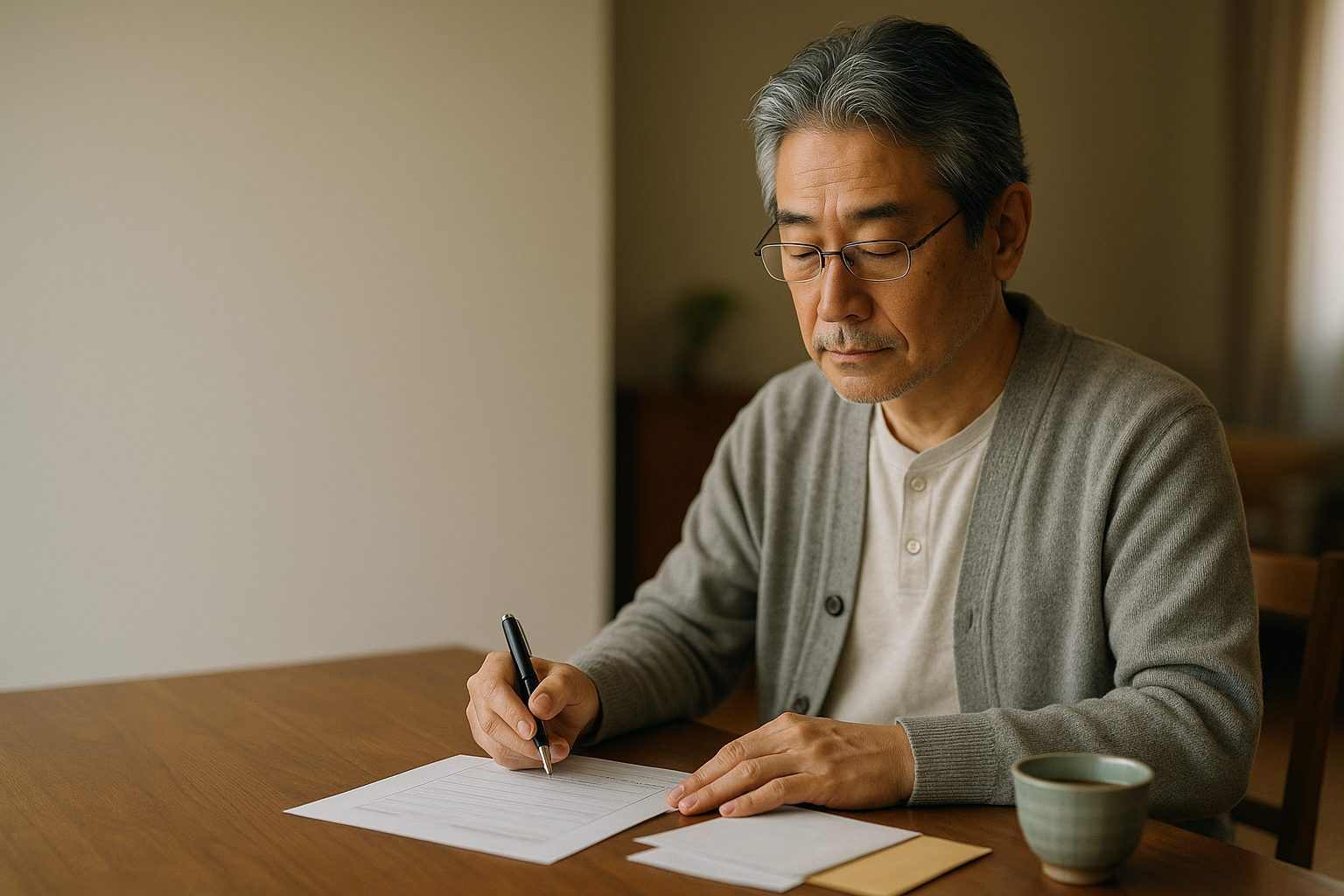 自宅のテーブルで墓じまいの書類を確認する男性（イメージ）