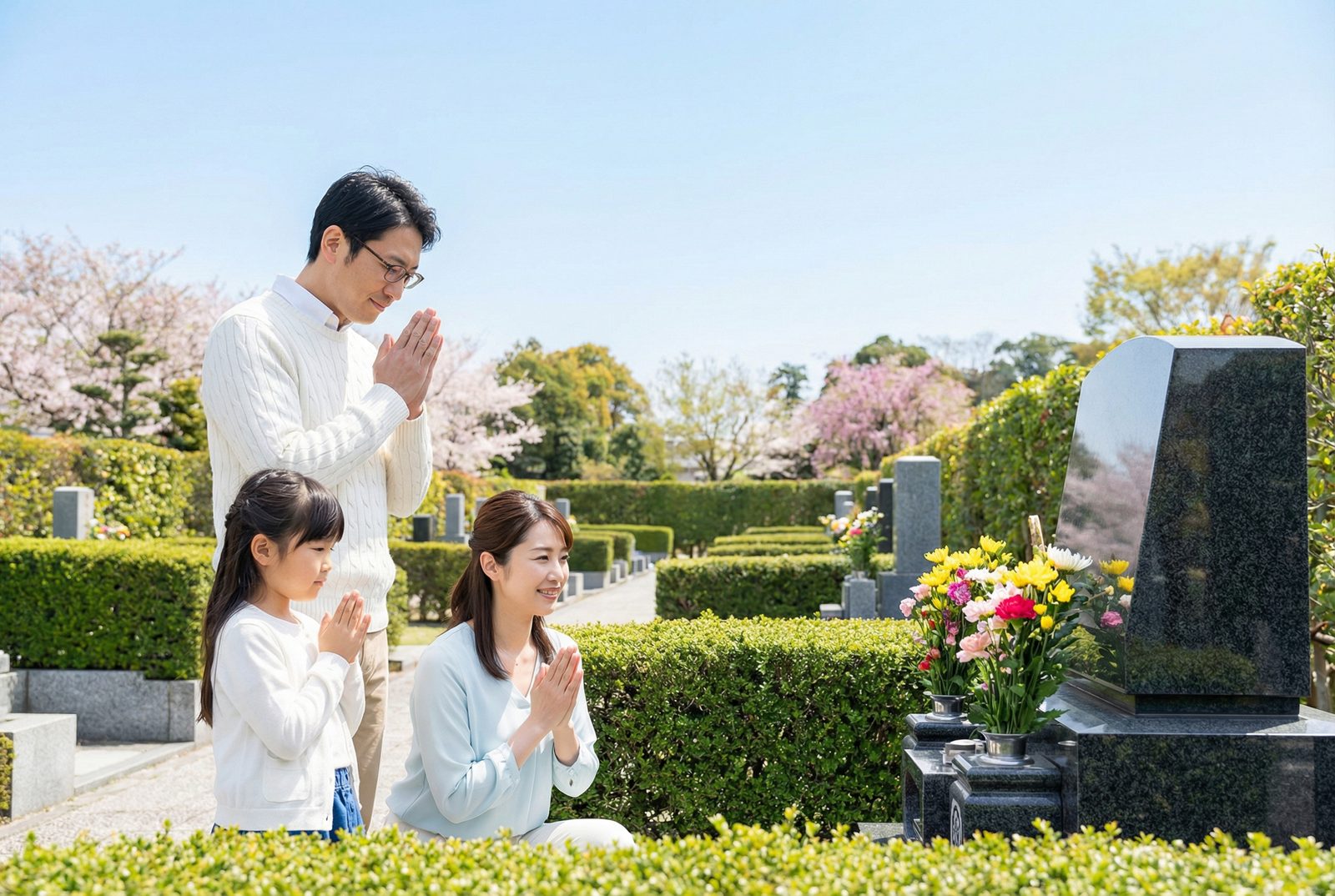 桜の咲く霊園で、お墓に手を合わせるご家族