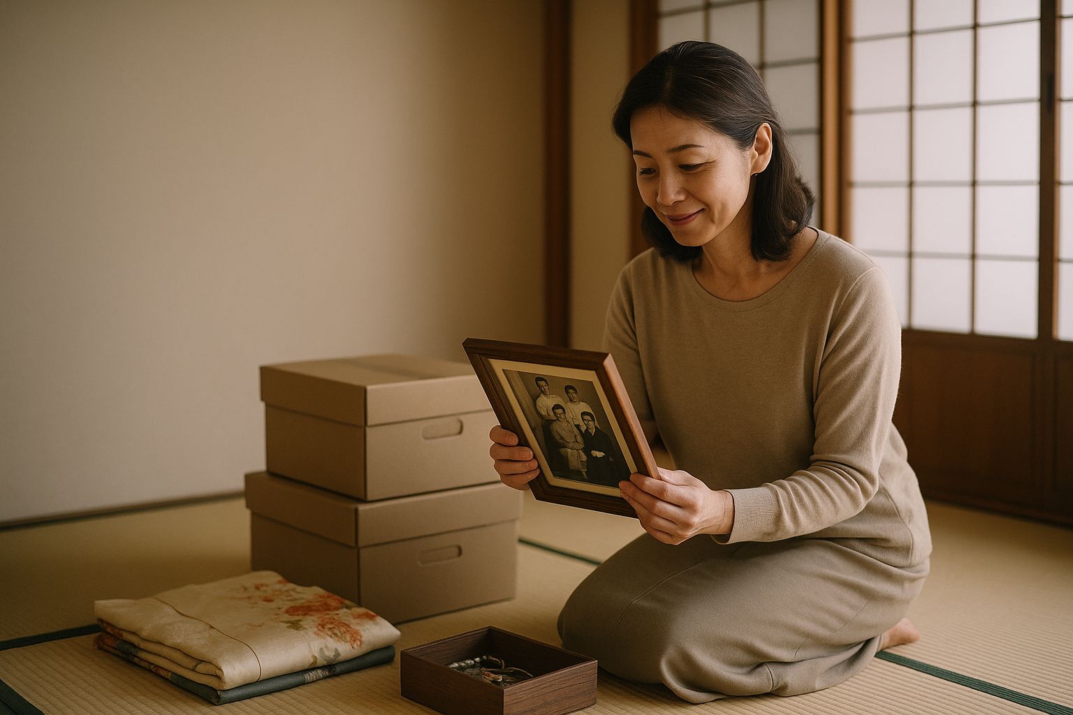 実家の和室で段ボールのそばに座り、古い家族写真を手に取る女性(遺品整理のイメージ)