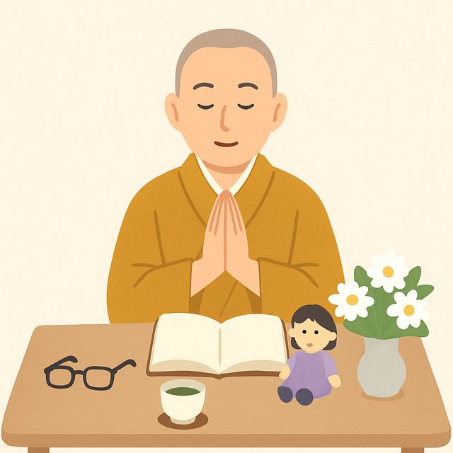 眼鏡や湯のみ、人形などの遺品を前に、僧侶が手を合わせて読経するイラスト(遺品供養のイメージ)