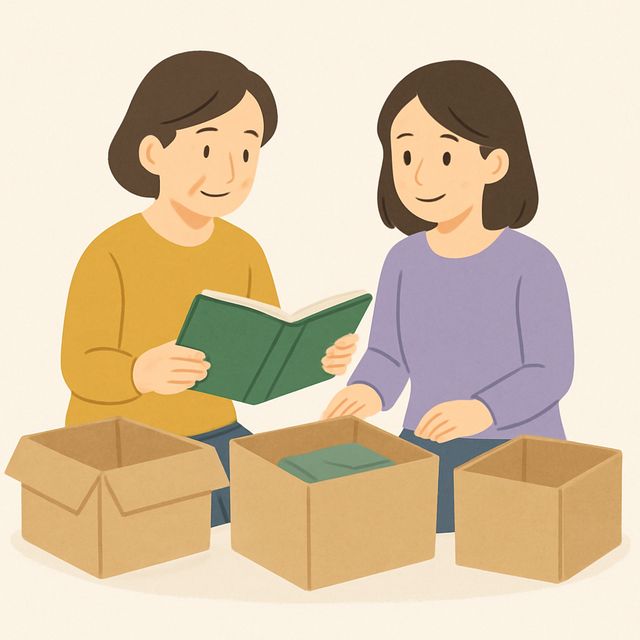 親の遺品を母と娘が段ボール箱に仕分けしながら、アルバムを見ているイラスト