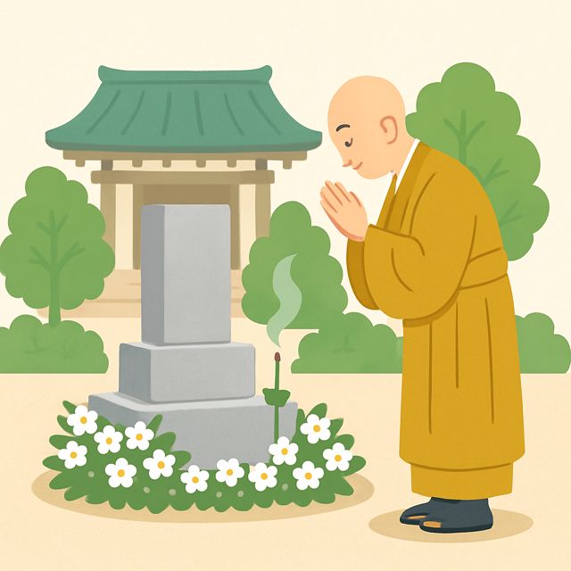 お寺の永代供養墓で僧侶が手を合わせるイラスト
