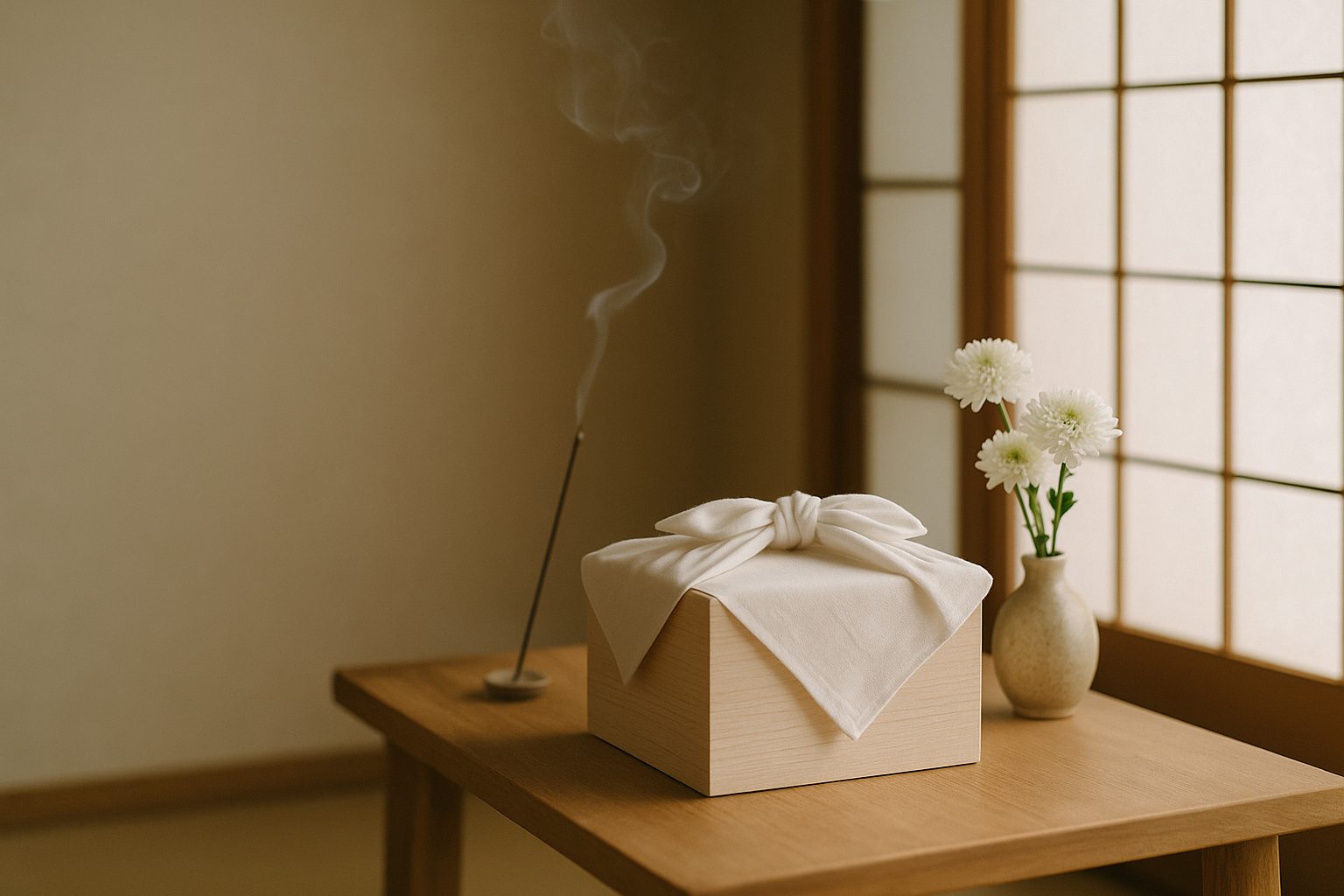 白い布で包んだ桐箱の骨壺と白い菊(送骨のイメージ)