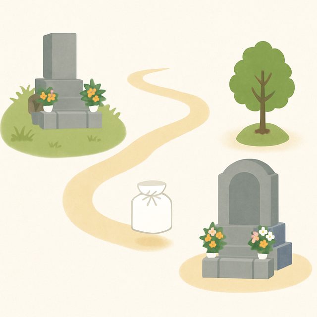 古いお墓から新しい供養先へご遺骨を移すイメージのイラスト