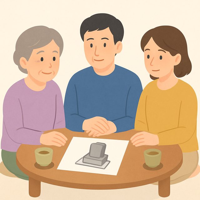 家族でお墓の今後を話し合うイラスト