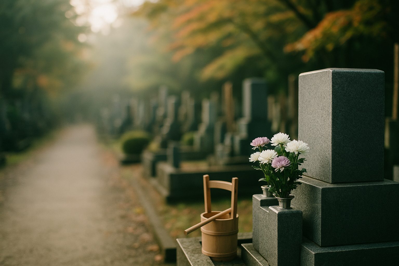 朝の霊園で、花が供えられた墓石（イメージ写真）