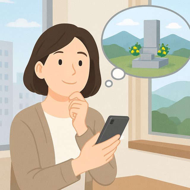 都会の部屋から、遠い故郷のお墓を思い浮かべる女性のイラスト
