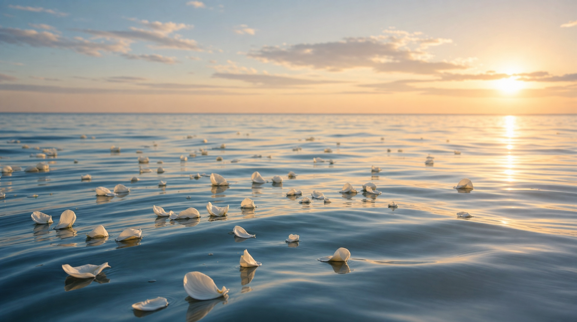 夕暮れの穏やかな海に白い花びらが浮かぶ海洋散骨のイメージ